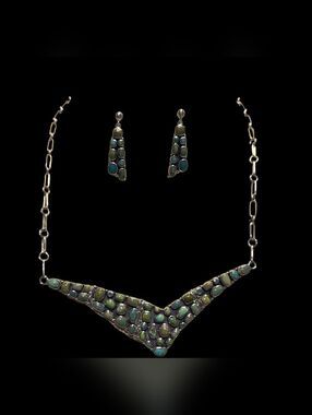 Signed JC Sterling Silver Green Turquoise Sunburst Cluster Set
